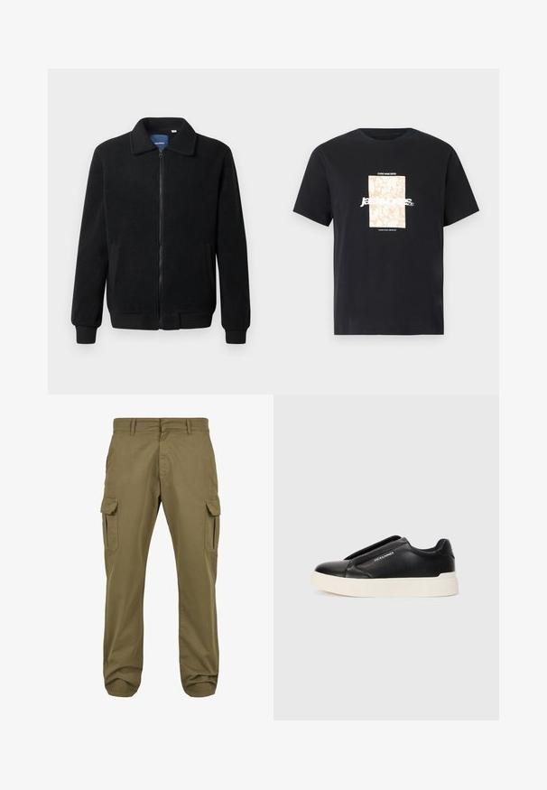 Svart fleecjacka med dragkedja, ståkrage, ribbade muddar och sidofickor med texturerad yta.; Svart bomullströja med rund hals. Har en beige rektangulär grafik och vit text, "JAWO," centrerad på framsidan. Kortärmad.; Gröna cargobyxor med raka ben, bomullsmaterial, sidfickor och knäppning för funktionalitet. Slät textur, avslappnad design.; Svart slip-on sneakers med texturerat läderöverkänsliga, vit gummisula och utan synliga snören. Har varumärkeslogotyp på sidan.