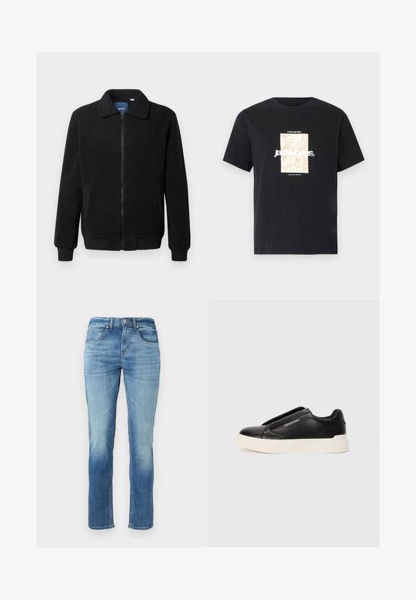 Juodas fliso džemperis su užtrauktuku, stovinčia apykakle, gumuotais rankogaliais ir šoninėmis kišenėmis, turinčiomis tekstūruotą paviršių.; Juodas medvilninis marškinėliai su apvaliu kaklu. Ant priekinės pusės yra smėlio spalvos stačiakampis grafikas ir baltas tekstas "JAWO", centrinėje dalyje. Trumpi rankoviai.; Šviesiai mėlynos džinsinės kelnes su tiesiomis kojomis, penkiais kišenėmis, lengvu išblukimu ant šlaunų ir klasikiniu mygtuko užsegimu ties liemeniu.; Juodi slip-on sportbačiai su tekstūruota odos viršutine dalimi, balta gumine padai ir be matomų raištelių. Šone yra prekės ženklo logotipas.