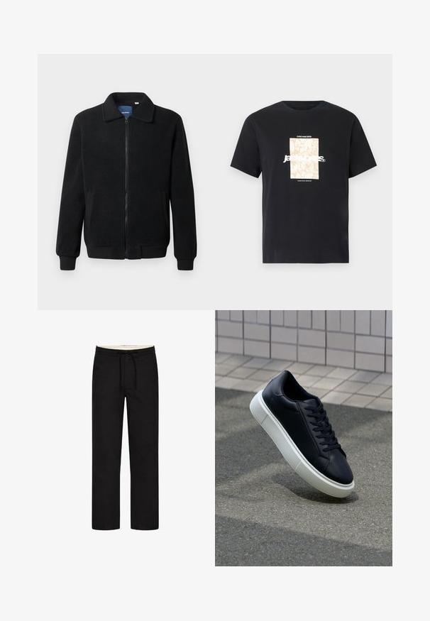 Melnā vilnas jaka ar rāvējslēdzēju, stāvošu apkakli, ribotām piedurknēm un sānu kabatām ar teksturētu virsmu.; Melna kokvilnas T-kreklā ar apaļu kakla izgriezumu. Priekšpusē ir beigu taisnstūra grafika un balti burti "JAWO", kas ir centrēti. Īsas piedurknes.; Melni taisni bikses ar elastīgu jostasvietu, šniri un neuzkrītošu dizainu. Mīksta auduma tekstūra. Bez redzamām rakstu vai akcentu detaļām.; Melnas ādas kedas ar noapaļotu pirkstu un baltu gumijas zoli. Iespējas - plakanas šņorītes un minimāla apdare augšdaļā. Struktūrēta zole, lai nodrošinātu saķeri.