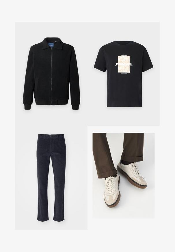 Musternahk fleece-jakk musternahaga, tõmblukk, seisev kaelus, soonikkoes varrukad ja küljetaskud tekstuurse pinnaga.; Mustmust mustäriga T-särk, millel on ümar kaelus. Esipaneelil on beež ristkülikukujuline graafika ja valge tekst "JAWO", mis on keskendatud. Lühikesed varrukad.; Tumed hallid ainsad püksid sirge sääre disainiga, ees nööpide kinnitusega ja küljetaskutega. Pehme tekstuur koos vertikaalsete ribadega.; Bežid spordijalised, millel on tekstuuriga suede esiosa, siledast nahast küljed ja pruun kummitald. Lisatud on paelad ja heledad õmbluse detailid.