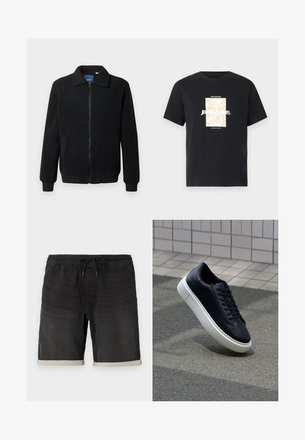 Melnā vilnas jaka ar rāvējslēdzēju, stāvošu apkakli, ribotām piedurknēm un sānu kabatām ar teksturētu virsmu.; Melna kokvilnas T-kreklā ar apaļu kakla izgriezumu. Priekšpusē ir beigu taisnstūra grafika un balti burti "JAWO", kas ir centrēti. Īsas piedurknes.; Melni denima šorti ar elastīgu jostu un auklu. Iespējas ar iegrieztām malām un smalkām tekstūras variācijām visā virsmā.; Melnas ādas kedas ar noapaļotu pirkstu un baltu gumijas zoli. Iespējas - plakanas šņorītes un minimāla apdare augšdaļā. Struktūrēta zole, lai nodrošinātu saķeri.