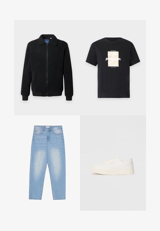 Melnā vilnas jaka ar rāvējslēdzēju, stāvošu apkakli, ribotām piedurknēm un sānu kabatām ar teksturētu virsmu.; Melna kokvilnas T-kreklā ar apaļu kakla izgriezumu. Priekšpusē ir beigu taisnstūra grafika un balti burti "JAWO", kas ir centrēti. Īsas piedurknes.; Gai zila džinsu bikses ar brīvu piegriezumu, kas aprīkotas ar piecām kabatām, ar vieglu izbalēšanu un diegu šuvēm.; Baltas slip-on sporta apavi ar teksturētu virsmu, biezu zoli un minimālistisku dizainu. Sānos redzams zīmola logotips.