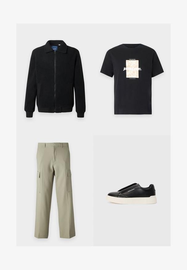 Black fleece jacket featuring a zip closure, stand collar, ribbed cuffs, and side pockets with a textured surface.; Black cotton t-shirt with round neck. Features a beige rectangular graphic and white text, "JAWO," centered on the front. Short sleeves.; Light green cargo pants with a straight-leg design, featuring side pockets and a smooth fabric texture. Back view displayed.; Black slip-on sneaker with textured leather upper, white rubber sole, and no visible laces. Features brand logo on the side.