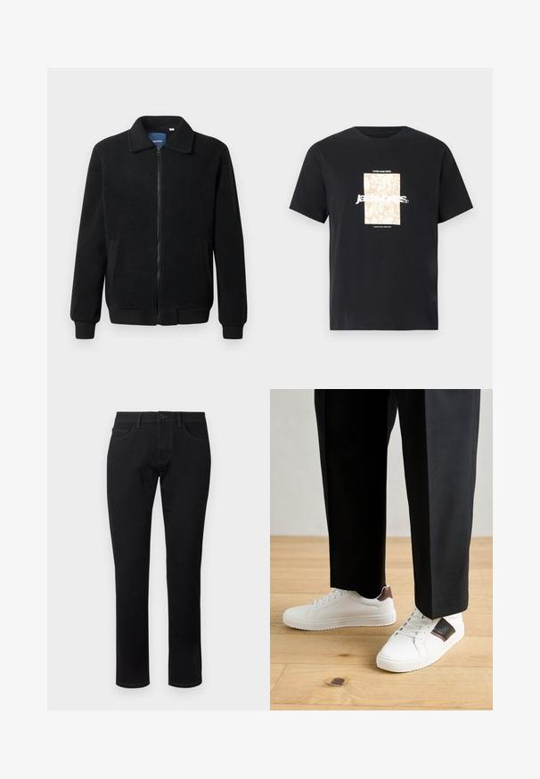 Sort fleecejakke med lynlås, opretstående krave, ribbede manchetter og sidelommer med en tekstureret overflade.; Sort bomulds t-shirt med rund hals. Har et beige rektangulært grafik og hvid tekst, "JAWO," centreret foran. Korte ærmer.; TOM TAILOR TTJOSH Regular - Jeans Slim Fit - black denim; Hvide sneakers med glat tekstur, prydet med brune læderdetaljer og sorte detaljer, sammen med sorte skræddersyede bukser. Baggrund med trægulv.