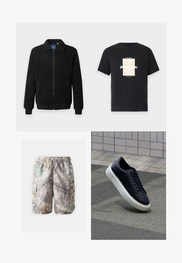 Crni flis jakna s zatvaranjem na zip, stojećim ovratnikom, rebrastim manžetama i bočnim džepovima s teksturiranom površinom.; Crna pamučna majica s okruglim izrezom. Ima bež pravokutni grafički prikaz i bijeli tekst "JAWO" centriran sprijeda. Kratki rukavi.; Kratke hlače u kamuflažnom uzorku, izrađene od laganog materijala, s podesivim pojasom na vezicu, bočnim džepovima i kombinacijom zemljanih tonova i uzoraka.; Crne kožne tenisice s zaobljenim vrhom i bijelim gumiranim potplatom. Imaju ravne vezice i minimalno šivanje na gornjem dijelu. Teksturirani potplat za bolje prianjanje.