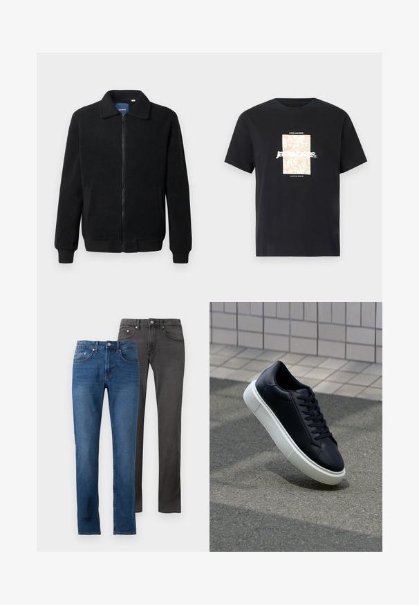 Juodas fliso džemperis su užtrauktuku, stovinčia apykakle, gumuotais rankogaliais ir šoninėmis kišenėmis, turinčiomis tekstūruotą paviršių.; Juodas medvilninis marškinėliai su apvaliu kaklu. Ant priekinės pusės yra smėlio spalvos stačiakampis grafikas ir baltas tekstas "JAWO", centrinėje dalyje. Trumpi rankoviai.; Du šortai: vieni vidutinio mėlynumo su nublukusiu apdailos efektu, kiti tamsiai pilki su lygiu paviršiumi. Abu turi tiesią išvaizdą ir penkias kišenes.; Juodas odinis sportbačius su apvaliu pirštu ir baltu gumuotu padu. Turi plokščias raišteles ir minimalų siuvimą viršuje. Padangos tekstūra užtikrina sukibimą.