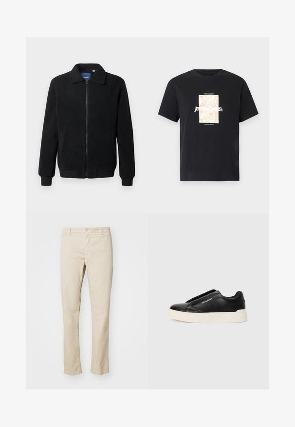 Melnā vilnas jaka ar rāvējslēdzēju, stāvošu apkakli, ribotām piedurknēm un sānu kabatām ar teksturētu virsmu.; Melna kokvilnas T-kreklā ar apaļu kakla izgriezumu. Priekšpusē ir beigu taisnstūra grafika un balti burti "JAWO", kas ir centrēti. Īsas piedurknes.; Beige kokvilnas bikses ar taisnu piegriezumu, ar pogu aizdari, priekšējām kabatām un gludu tekstūru.; Melna slip-on kedu ar teksturētu ādas augšdaļu, baltu gumijas zoli un bez redzamām šņorcēm. Uz sāna ir zīmola logo.