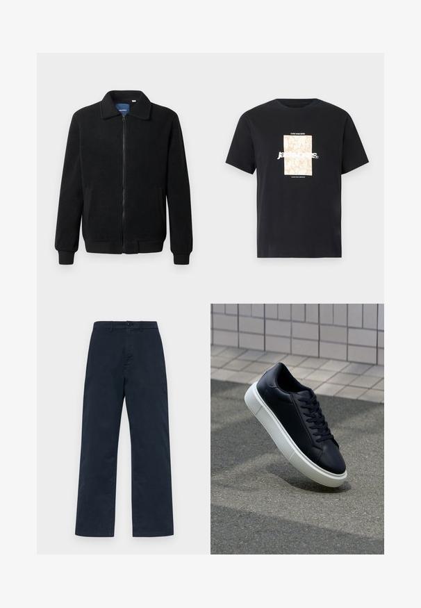 Črna flis jakna z zadrgo, stoječim ovratnikom, rebrastimi zapestji in stranskimi žepi s teksturirano površino.; Črna bombažna majica s krožnim izrezom. Ima bež pravokoten grafični vzorec in belo besedilo "JAWO," sredi spredaj. Kratke rokave.; Temno modri bombažni hlače s pravim krojem, ki imajo sprednje zapiranje na gumb in zanke za pas. Preprosta, enotna tekstura brez vzorcev.; Črne usnjene superge z zaobljenim prstom in belim gumijastim podplat. Imajo ravne vezalke in minimalno šivanje na zgornjem delu. Teksturirani podplat za oprijem.