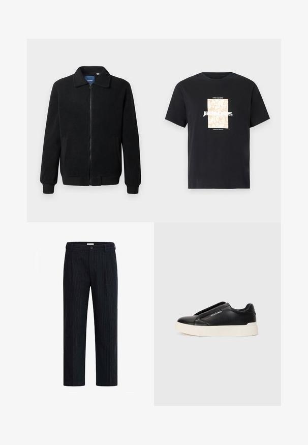 Juodas fliso džemperis su užtrauktuku, stovinčia apykakle, gumuotais rankogaliais ir šoninėmis kišenėmis, turinčiomis tekstūruotą paviršių.; Juodas medvilninis marškinėliai su apvaliu kaklu. Ant priekinės pusės yra smėlio spalvos stačiakampis grafikas ir baltas tekstas "JAWO", centrinėje dalyje. Trumpi rankoviai.; Tamsūs dryžuoti kelnių, turinčių tiesaus kirpimo dizainą, mygtuko užsegimą ir pritaikytus raukšles, pagaminti iš tekstūruoto audinio.; Juodi slip-on sportbačiai su tekstūruota odos viršutine dalimi, balta gumine padai ir be matomų raištelių. Šone yra prekės ženklo logotipas.