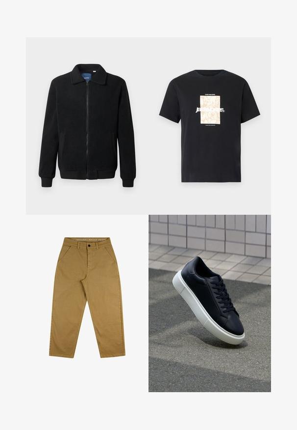 Černá fleecová bunda s zipovým uzávěrem, stojáčkem, vroubkovanými manžetami a bočními kapsami s texturovaným povrchem.; Černé bavlněné tričko s kulatým výstřihem. Na přední straně se nachází béžová obdélníková grafika a bílý text "JAWO" vycentrovaný uprostřed. Krátké rukávy.; Pohodlné volné kalhoty vyrobené z odolné bavlny. Obsahují zapínání na knoflík, pětipocket design a štítek na pase s textem.; Černé kožené tenisky s kulatou špičkou a bílou gumovou podrážkou. mají ploché tkaničky a minimální šití na svršku. Texturovaná podrážka pro lepší přilnavost.