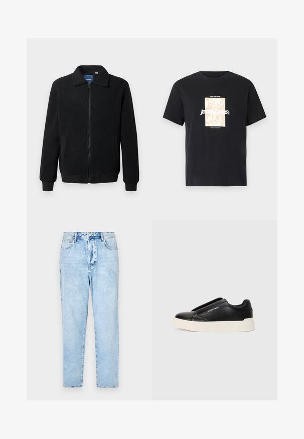 Črna flis jakna z zadrgo, stoječim ovratnikom, rebrastimi zapestji in stranskimi žepi s teksturirano površino.; Črna bombažna majica s krožnim izrezom. Ima bež pravokoten grafični vzorec in belo besedilo "JAWO," sredi spredaj. Kratke rokave.; Svetlo modri jeans s ravnim krojem, z petimi žepi in gumbom za zapiranje. Utrjena tekstura z zbledelimi področji.; Črne slip-on športne čevlje z teksturiranim usnjenim zgornjim delom, belim gumijastim podplatom in brez vidnih vezalk. Na strani je logotip blagovne znamke.