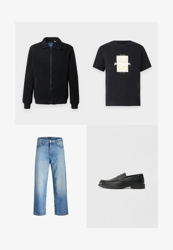 Črna flis jakna z zadrgo, stoječim ovratnikom, rebrastimi zapestji in stranskimi žepi s teksturirano površino.; Črna bombažna majica s krožnim izrezom. Ima bež pravokoten grafični vzorec in belo besedilo "JAWO," sredi spredaj. Kratke rokave.; Svijetloplave traperice opuštenog kroja, s visokim strukom, prednjim džepovima i ravnim nogavicama, uz blago izbljeđivanje.; Črne usnjene loafer čevlje z gladko površino, zgornjim delom v slogu mokasin, šivanimi detajli in gumijastim podplatom. Klasična zasnova z nizko peto.