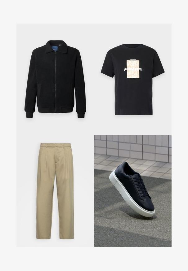 Veste en polaire noire avec fermeture éclair, col montant, poignets côtelés et poches latérales avec une surface texturée.; T-shirt noir en coton avec col rond. Présente un graphique rectangulaire beige et un texte blanc "JAWO" centré sur le devant. Manches courtes.; Pantalons beiges taille haute avec une coupe droite, présentant un devant plat, des poches latérales et un tissu lisse au toucher.; Baskets noires en cuir avec bout arrondi et semelle en caoutchouc blanc. Elles présentent des lacets plats et une couture minimale sur la tige. Semelle texturée pour une bonne adhérence.