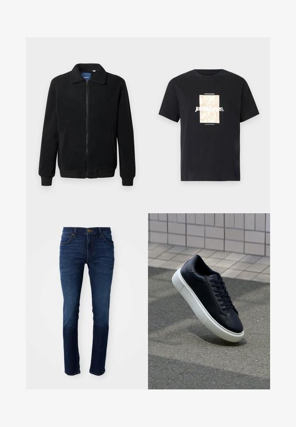 Črna flis jakna z zadrgo, stoječim ovratnikom, rebrastimi zapestji in stranskimi žepi s teksturirano površino.; Črna bombažna majica s krožnim izrezom. Ima bež pravokoten grafični vzorec in belo besedilo "JAWO," sredi spredaj. Kratke rokave.; Temno modri jeans z klasičnim ravnim krojem, z gumbom in petimi žepi. Tkanina ima gladko teksturo.; Črne usnjene superge z zaobljenim prstom in belim gumijastim podplat. Imajo ravne vezalke in minimalno šivanje na zgornjem delu. Teksturirani podplat za oprijem.