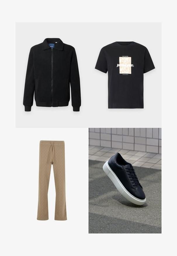 Crni flis jakna s zatvaranjem na zip, stojećim ovratnikom, rebrastim manžetama i bočnim džepovima s teksturiranom površinom.; Crna pamučna majica s okruglim izrezom. Ima bež pravokutni grafički prikaz i bijeli tekst "JAWO" centriran sprijeda. Kratki rukavi.; Bežani hlače teksture s elastičnim strukom, zatvaranjem na vezanje i ležernim krojem, s suptilnim geometrijskim uzorkom.; Crne kožne tenisice s zaobljenim vrhom i bijelim gumiranim potplatom. Imaju ravne vezice i minimalno šivanje na gornjem dijelu. Teksturirani potplat za bolje prianjanje.