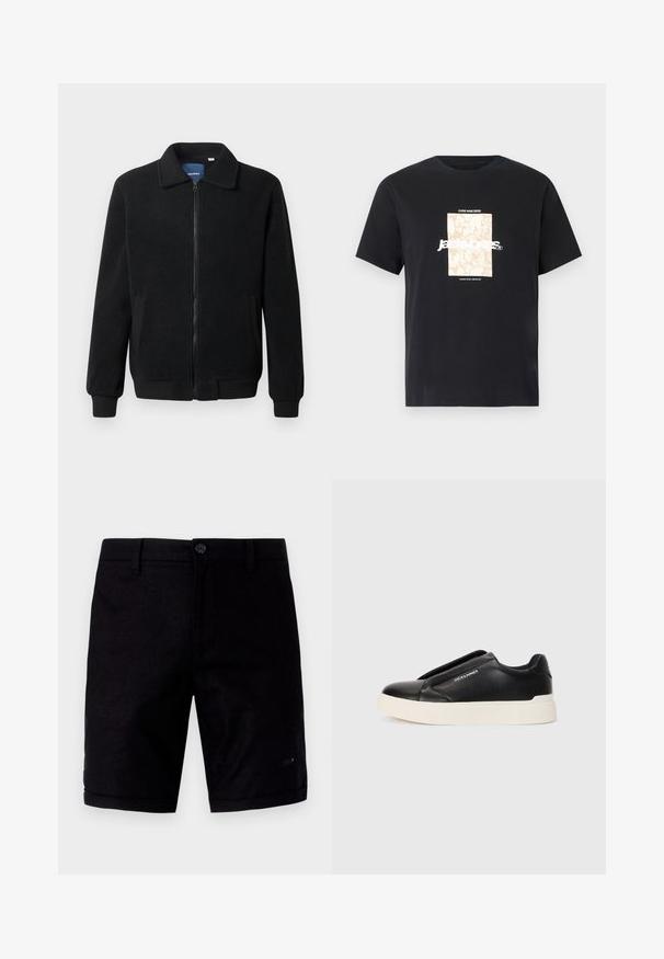 Crni flis jakna s zatvaranjem na zip, stojećim ovratnikom, rebrastim manžetama i bočnim džepovima s teksturiranom površinom.; Crna pamučna majica s okruglim izrezom. Ima bež pravokutni grafički prikaz i bijeli tekst "JAWO" centriran sprijeda. Kratki rukavi.; Crne kratke hlače s glatkom teksturom, s kopčanjem na dugme, klasičnim džepovima i preklačenim manžetama. Izrađene od laganog materijala.; Crne slip-on tenisice s teksturiranim kožnim gornjištem, bijelim gumeni potplat i bez vidljivih vezica. Sadrži logotip marke sa strane.