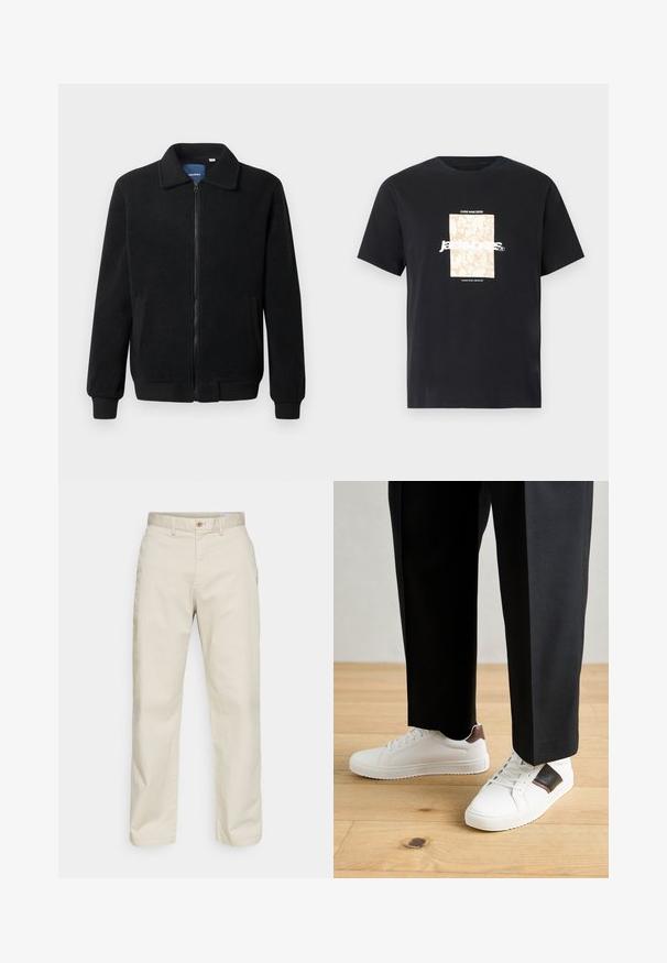 Juodas fliso džemperis su užtrauktuku, stovinčia apykakle, gumuotais rankogaliais ir šoninėmis kišenėmis, turinčiomis tekstūruotą paviršių.; Juodas medvilninis marškinėliai su apvaliu kaklu. Ant priekinės pusės yra smėlio spalvos stačiakampis grafikas ir baltas tekstas "JAWO", centrinėje dalyje. Trumpi rankoviai.; GAP LOOSE - Kelnės - moonstone; Balti sportbačiai su glotnia danga, puošti rudais odiniais akcentais ir juodais detalėmis, derinami su juodais pritaikytais kelnėmis. Medinių grindų fonas.