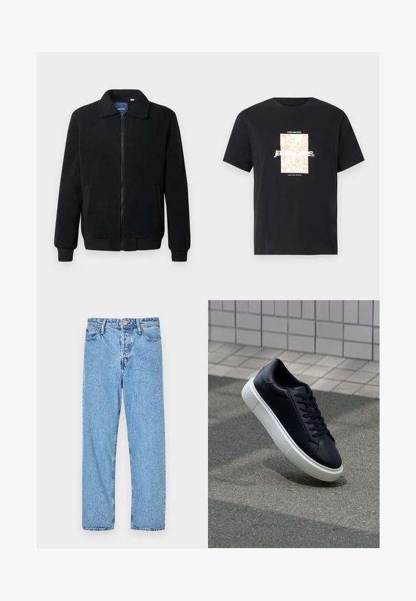 Zwarte fleece jas met een ritssluiting, staande kraag, ribgebreide manchetten en zijzakken met een textuur.; Zwarte katoenen T-shirt met ronde hals. Kenmerkt een beige rechthoekige grafiek en witte tekst, "JAWO," gecentreerd op de voorkant. Korte mouwen.; Lichtblauwe denim jeans met een recht model, vijf zakken, zichtbare stiksels en een knoop- en ritssluiting.; Zwarte leren sneaker met een ronde neus en een witte rubberen zool. Voorzien van platte veters en minimale stiksels op het bovenwerk. Textuurrijke zool voor grip.