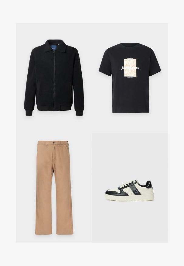 Černá fleecová bunda s zipovým uzávěrem, stojáčkem, vroubkovanými manžetami a bočními kapsami s texturovaným povrchem.; Černé bavlněné tričko s kulatým výstřihem. Na přední straně se nachází béžová obdélníková grafika a bílý text "JAWO" vycentrovaný uprostřed. Krátké rukávy.; Kaki chino kalhoty se rovný střihem, vyrobené z bavlněného kepru, s knoflíkovým zapínáním a poutky na opasek, hladký povrch bez viditelných vzorů.; Kožené tenisky s černobílou barevnou kombinací, které mají perforované detaily, polstrovaný límec a texturovanou podrážku.
