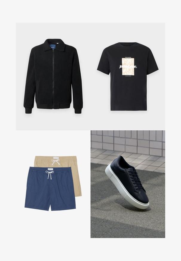 Sort fleecejakke med lynlås, opretstående krave, ribbede manchetter og sidelommer med en tekstureret overflade.; Sort bomulds t-shirt med rund hals. Har et beige rektangulært grafik og hvid tekst, "JAWO," centreret foran. Korte ærmer.; To sæt svømmedragt: ét i marineblå og ét i khaki, begge med elastisk talje, snøre detaljer og sidelommer.; Sort lædersneaker med rund tå og hvid gummisål. Har flade snørebånd og minimal syning på overdelen. Tekstureret sål for bedre greb.