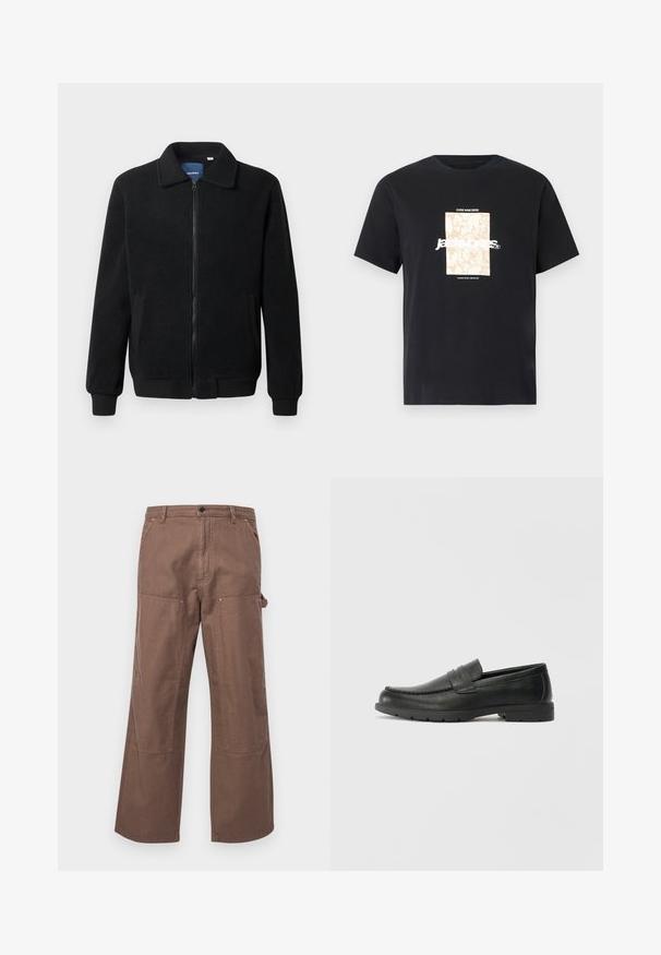 Black fleece jacket featuring a zip closure, stand collar, ribbed cuffs, and side pockets with a textured surface.; Black cotton t-shirt with round neck. Features a beige rectangular graphic and white text, "JAWO," centered on the front. Short sleeves.; Brown cotton cargo pants featuring a relaxed fit, side pockets, and large knee patches for added durability and style.; Black leather loafers with a smooth finish, moccasin-style upper, stitched detailing, and a rubber sole. Classic design with a low heel.