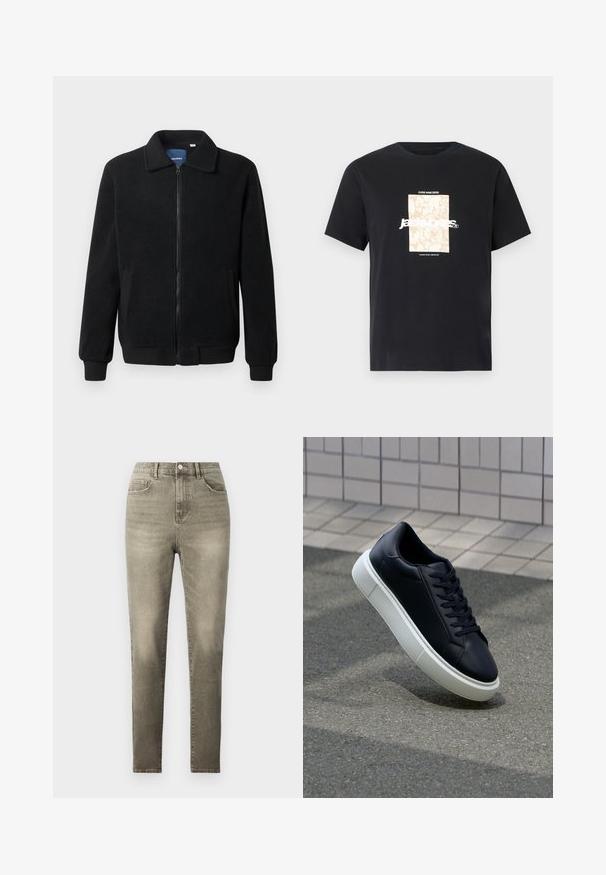 Musternahk fleece-jakk musternahaga, tõmblukk, seisev kaelus, soonikkoes varrukad ja küljetaskud tekstuurse pinnaga.; Mustmust mustäriga T-särk, millel on ümar kaelus. Esipaneelil on beež ristkülikukujuline graafika ja valge tekst "JAWO", mis on keskendatud. Lühikesed varrukad.; Halljad hallid kõrge vöökohtadega teksad denimpaberist, millel on nupuga kinnitamine, viis taskut ja kitsas lõige peene tuhmumisega.; Mustast nahast tennisetoss, millel on ümar nina ja valge kummist tall. Omab siredaid paelu ja minimaalset õmblemist ülemises osas. Tekstuuriga tald, mis tagab haakuvuse.