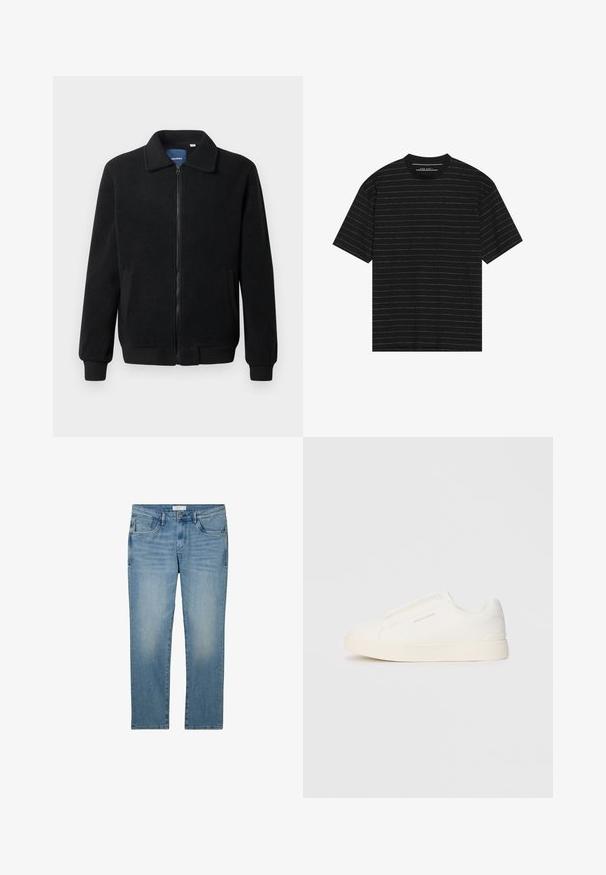 Fekete bolyhos dzseki cipzárral, állógallérral, bordázott mandzsettákkal és oldalzsebekkel, textúrált felülettel.; Fekete, rövid ujjú póló, vékony fehér vízszintes csíkokkal. Puha anyagból készült, kerek nyakkivágással és laza fazonnal.; Kék farmernadrág, egyenes szárú dizájnnal, öt zsebbel és halványított kivitelben. Az anyag sima tapintású és enyhe rugalmassággal rendelkezik.; Fehér slip-on sportcipők texturált felülettel, vastag talppal és minimalista dizájnnal. Az oldalon a márka logója található.