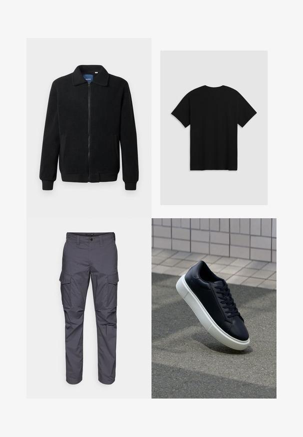 Zwarte fleece jas met een ritssluiting, staande kraag, ribgebreide manchetten en zijzakken met een textuur.; Levi's® BOXTAB - T-shirt print - boxtab in black bas; Grijze cargobroek met een rechte snit, gemaakt van lichtgewicht stof, met zijzakken en een knoopsluiting bij de taille.; Zwarte leren sneaker met een ronde neus en een witte rubberen zool. Voorzien van platte veters en minimale stiksels op het bovenwerk. Textuurrijke zool voor grip.