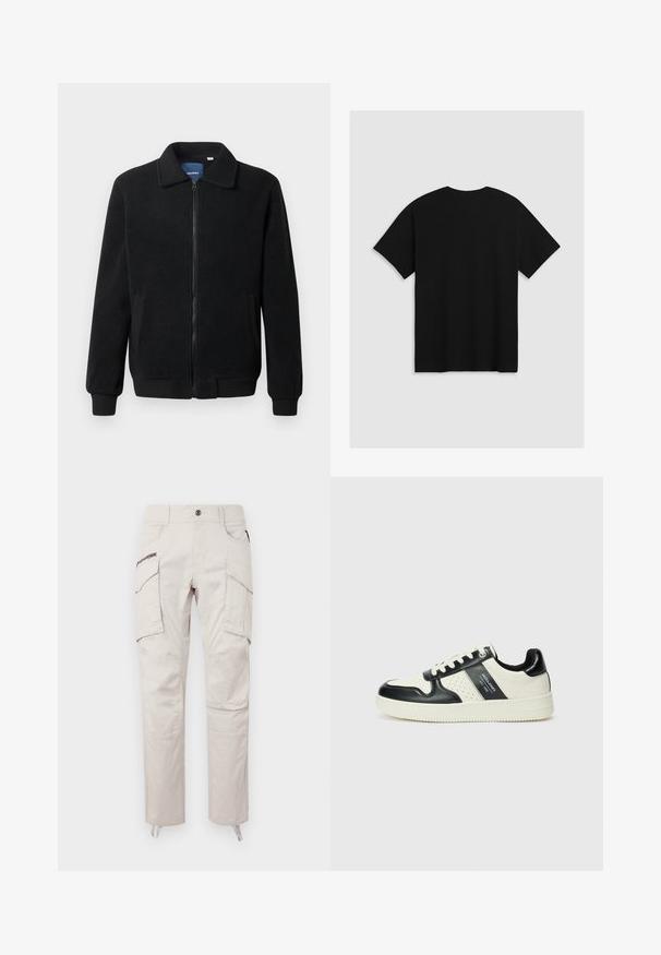 Schwarze Fleecejacke mit Reißverschluss, Stehkragen, gerippten Bündchen und seitlichen Taschen mit strukturiertem Oberflächenmaterial.; Levi's® BOXTAB - T-Shirt print - boxtab in black bas; Helle beige Cargo-Hosen aus Baumwolle, mit mehreren Taschen, einer Reißverschluss-Seitentasche und einem geraden Bein-Design mit verstellbaren Säumen.; Leder-Sneaker in Schwarz- und Cremetönen, mit perforierten Akzenten, einem gepolsterten Kragen und einer strukturierten Laufsohle.