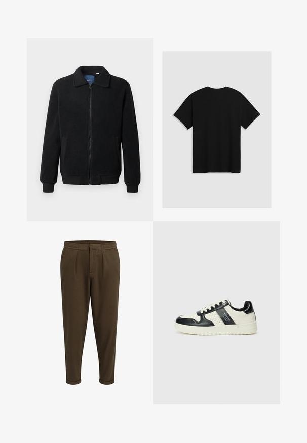 Zwarte fleece jas met een ritssluiting, staande kraag, ribgebreide manchetten en zijzakken met een textuur.; Levi's® BOXTAB - T-shirt print - boxtab in black bas; Redefined Rebel JOHNNY CROPPED SLIM FIT - Broek - tarmac; Leren sneakers met een zwart en crèmekleurig kleurenschema, voorzien van geperforeerde accenten, een gevoerde kraag en een gestructureerde buitenzool.