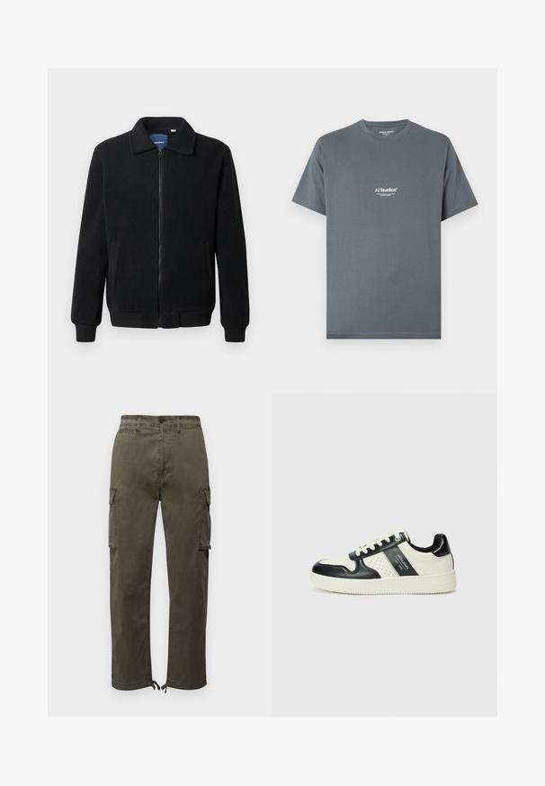 Svart fleecjacka med dragkedja, ståkrage, ribbade muddar och sidofickor med texturerad yta.; Grå bomullst-shirt med rund hals. Har vit "JJ Studios"-logotyp på bröstet. Kortärmad och med avslappnad passform.; American Eagle LIVED IN - Cargobyxor - olive moss; Läder sneakers med en svart och krämfärgad färgsättning, med perforerade detaljer, en vadderad krage och en strukturerad yttersula.