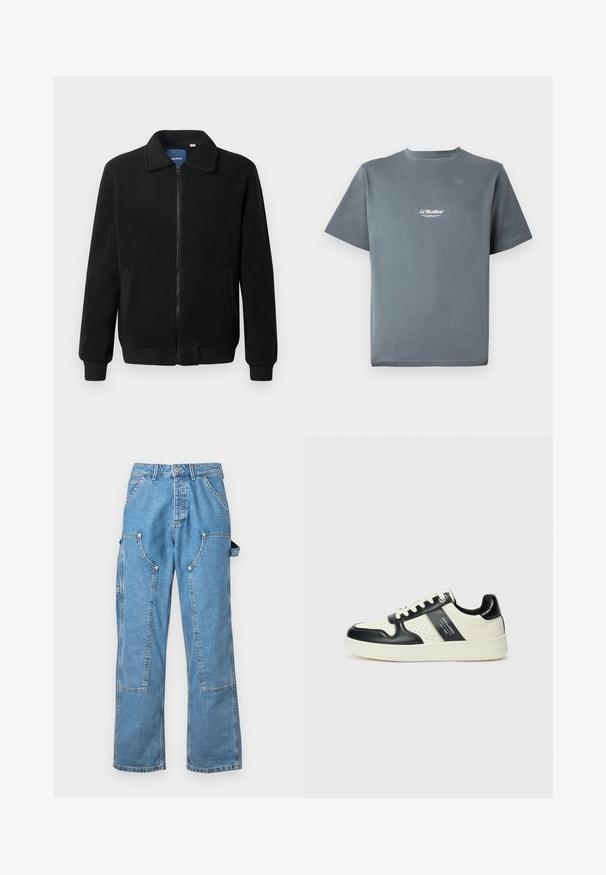 Casaco de polar preto com fecho de correr, gola alta, punhos canelados e bolsos laterais com uma superfície texturizada.; Jack & Jones ESOHO TEE CREW NECK - T-shirt básica - stormy weather; Calças cargo de denim azul claro com um corte descontraído, múltiplos bolsos de remendo e costura contrastante. Apresentam fecho com botão e passantes para cinto.; Ténis de couro com um esquema de cores em preto e creme, apresentando detalhes perfurados, um colarinho acolchoado e uma sola texturizada.