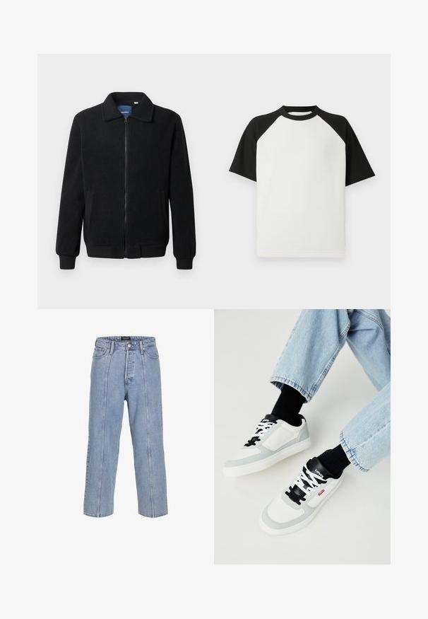 Chaqueta de forro polar negra con cierre de cremallera, cuello alzado, puños acanalados y bolsillos laterales con una superficie texturizada.; Camiseta de manga corta en blanco y negro con textura acanalada; cuenta con mangas raglán y cuello redondo.; Vaqueros de mezclilla de color azul claro con un corte suelto, piernas anchas y detalles de costura visibles. Cuenta con un cierre de botón y cremallera, y cinco bolsillos.; Zapatillas blancas y grises con acentos negros, que cuentan con una parte superior de cuero y textil suave, puntera redondeada y cierre de cordones.