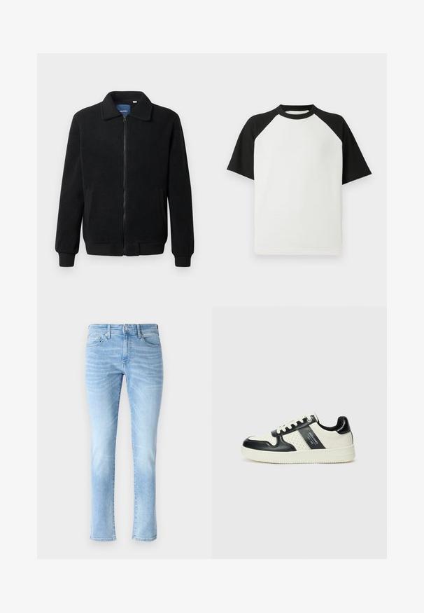 Črna flis jakna z zadrgo, stoječim ovratnikom, rebrastimi zapestji in stranskimi žepi s teksturirano površino.; Črno-bela kratkotrajna majica s kratkimi rokavi z rebrasto teksturo; ima raglan rokave in okroglo ovratnico.; Svijetlo plave traperice s uskim krojem, dizajnom od pet džepova i suptilnim izbjeljenim detaljima, s klasičnim ravnim nogavicama i zakovicom.; Usnjeni športni čevlji z črno in krem barvno shemo, ki vključujejo perforirane dodatke, podložen ovratnik in strukturirano podplat.