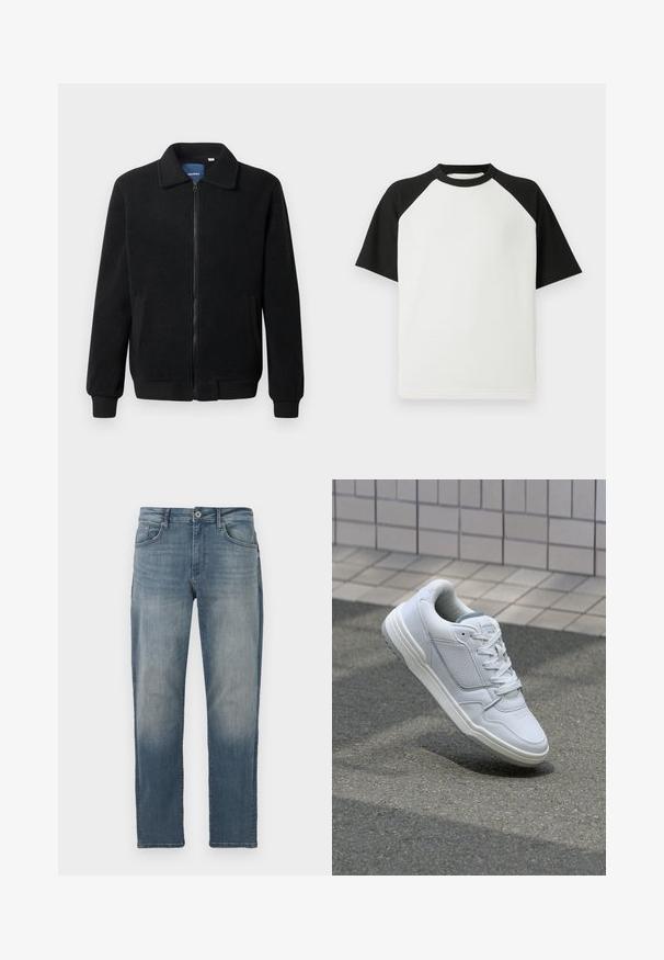 Svart fleece jakke med glidelås, høy krage, ribbestrikkede mansjetter og sidelommer med strukturert overflate.; Svart og hvit kortermet t-skjorte med ribbet tekstur; har raglanermer og rund hals.; Lys blå denimbukser med rett snitt, fem-lommers design, metallknapp-stenging og subtil falming foran.; Hvite lær sneakers med perforerte sider, teksturerte detaljer, flate lisser og en kontrasterende grå hæl. Har en lite hevet såle.