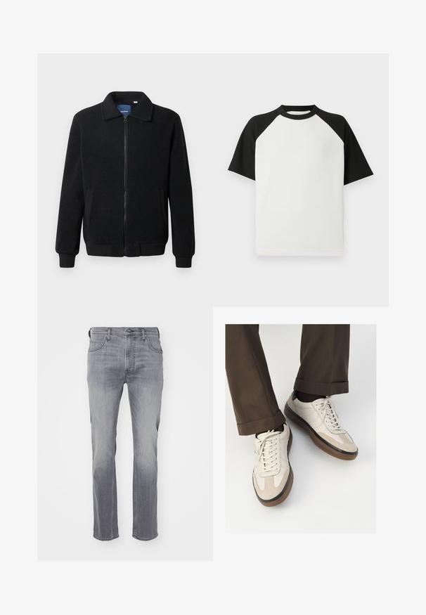Črna flis jakna z zadrgo, stoječim ovratnikom, rebrastimi zapestji in stranskimi žepi s teksturirano površino.; Črno-bela kratkotrajna majica s kratkimi rokavi z rebrasto teksturo; ima raglan rokave in okroglo ovratnico.; Sive traperice z naravnim rezom, petimi žepi in zbledelim videzom. Material je gladek in rahlo raztegljiv.; Bež teniske z teksturiranim prednjim delom iz usnja, gladkimi kožnimi stranicami in rjavo gumijasto podplatom. Vključene vezalke in svetla šivana detajla.