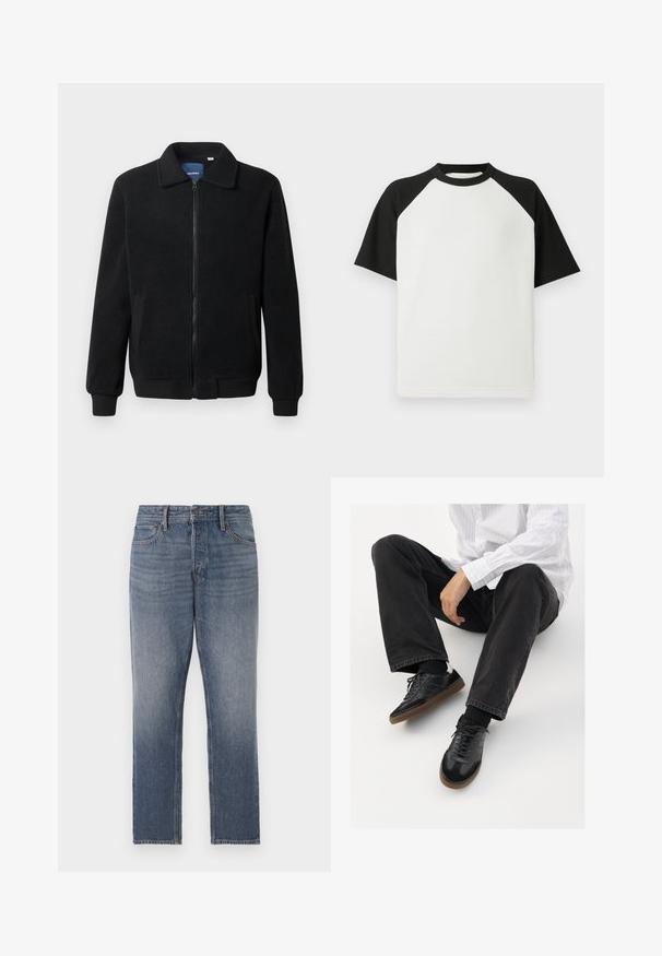 Crni flis jakna s zatvaranjem na zip, stojećim ovratnikom, rebrastim manžetama i bočnim džepovima s teksturiranom površinom.; Crna i bijela majica s kratkim rukavima s rebrastom teksturom; ima raglan rukave i okrugli izrez.; Tamno plave traperice, ravne nogavice, s izbjeljenim pranjem, pet džepova i mjedenim detaljima. Čist i klasičan izgled.; Crne tenisice s glatkim i teksturiranim gornjim dijelom, koje imaju gumeni potplat i tamne vezice. Uparene s crnim trapericama i bijelom košuljom s prugama.