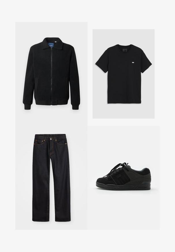 Veste en polaire noire avec fermeture éclair, col montant, poignets côtelés et poches latérales avec une surface texturée.; T-shirt en coton noir à manches courtes, col rond, présentant un petit logo blanc Levi's sur la poitrine, texture lisse, coupe classique.; Jean en denim noir pour hommes, coupe droite, avec cinq poches et surpiqûres orange, fermeture par bouton et zip à la taille avant.; Sneaker noir avec une tige en daim et textile, présentant des accents texturés, un col rembourré, des lacets et une semelle en caoutchouc avec un détail de logo.