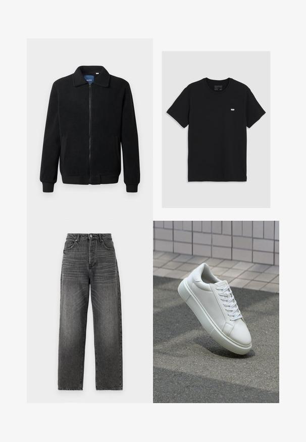 Veste en polaire noire avec fermeture éclair, col montant, poignets côtelés et poches latérales avec une surface texturée.; T-shirt en coton noir à manches courtes, col rond, présentant un petit logo blanc Levi's sur la poitrine, texture lisse, coupe classique.; Jeans large à taille haute en denim noir décoloré. Comprend cinq poches, une fermeture à bouton à l'avant et des passants de ceinture, avec un effet de décoloration subtil.; Baskets en cuir blanc avec une surface lisse, bout rond et lacets plats blancs. Présentent une semelle en caoutchouc texturée et des éléments de design minimalistes.