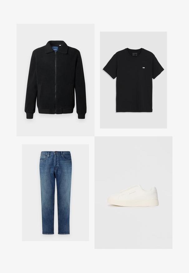 Black fleece jacket featuring a zip closure, stand collar, ribbed cuffs, and side pockets with a textured surface.; Black cotton t-shirt with short sleeves, round neckline, features a small white Levi's logo on the chest, smooth texture, classic fit.; Blue denim jeans with a straight-leg cut, five-pocket design, button closure, faded wash, and subtle stitching detail along the seams.; White slip-on sneakers with a textured surface, a thick sole, and minimalistic design. Features brand logo on the side.
