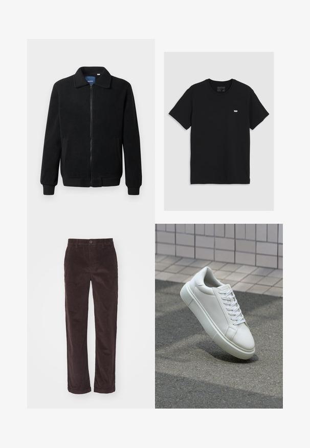 Giacca in pile nera con chiusura zip, colletto alto, polsini a coste e tasche laterali con superficie strutturata.; T-shirt in cotone nero con maniche corte, scollatura rotonda, presenta un piccolo logo bianco Levi's sul petto, texture liscia, vestibilità classica.; Pantaloni in corduroy marrone con taglio dritto, dotati di chiusura a bottone e risvolti, che mostrano una texture a righe verticali.; Sneaker bianco in pelle con superficie liscia, punta rotonda e lacci piatti bianchi. Presenta una suola in gomma texturizzata e un design minimale.