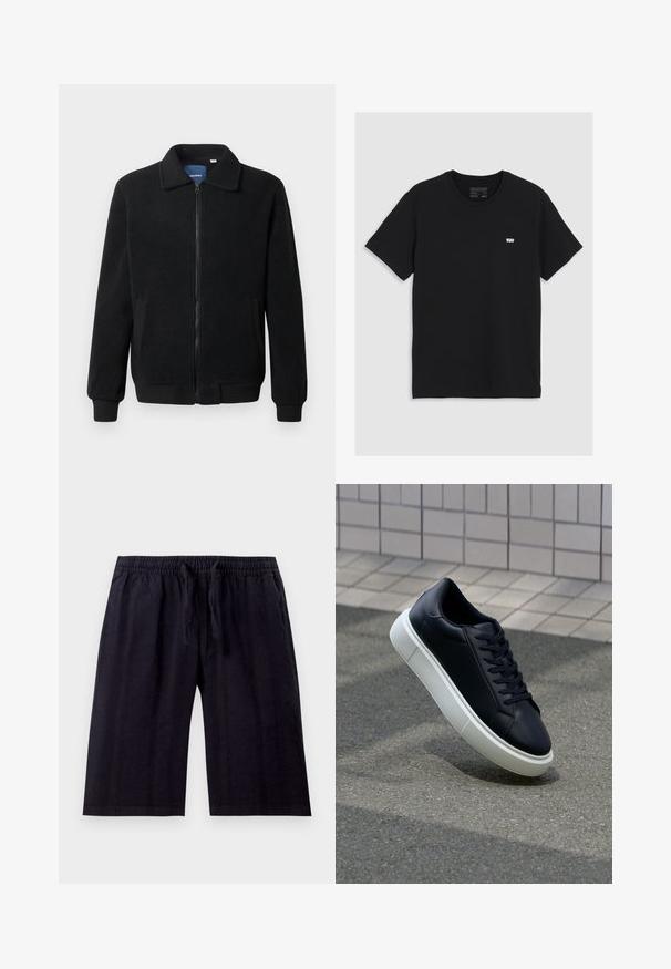 Svart fleece jakke med glidelås, høy krage, ribbestrikkede mansjetter og sidelommer med strukturert overflate.; Svart bomulls t-skjorte med korte ermer, rund halslinning, har en liten hvit Levi's-logo på brystet, glatt tekstur, klassisk passform.; Svart, knelange shorts laget av lettvektsmateriale. Har elastisk midje med snøring og en glatt tekstur. Enkelt design.; Sorte skinnsneakers med rund tå og hvit gummisåle. Har flate lisser og minimal søm på overdelen. Strukturert såle for grep.