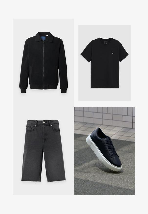 Veste en polaire noire avec fermeture éclair, col montant, poignets côtelés et poches latérales avec une surface texturée.; T-shirt en coton noir à manches courtes, col rond, présentant un petit logo blanc Levi's sur la poitrine, texture lisse, coupe classique.; Shorts en denim noir à coupe droite, avec un ourlet légèrement effiloché, des passants de ceinture, cinq poches et des boutons en métal argenté.; Baskets noires en cuir avec bout arrondi et semelle en caoutchouc blanc. Elles présentent des lacets plats et une couture minimale sur la tige. Semelle texturée pour une bonne adhérence.