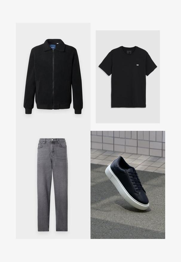 Črna flis jakna z zadrgo, stoječim ovratnikom, rebrastimi zapestji in stranskimi žepi s teksturirano površino.; Črna bombažna majica s kratkimi rokavi, okroglo izrezana, z manjšim belim logotipom Levi's na prsih, gladka tekstura, klasičen kroj.; Sive jeans iz jeansa s pravimi nogavicami, petimi žepi, kovinskim gumbom za zapiranje in subtilno zbledelim videzom po celotni površini.; Črne usnjene superge z zaobljenim prstom in belim gumijastim podplat. Imajo ravne vezalke in minimalno šivanje na zgornjem delu. Teksturirani podplat za oprijem.