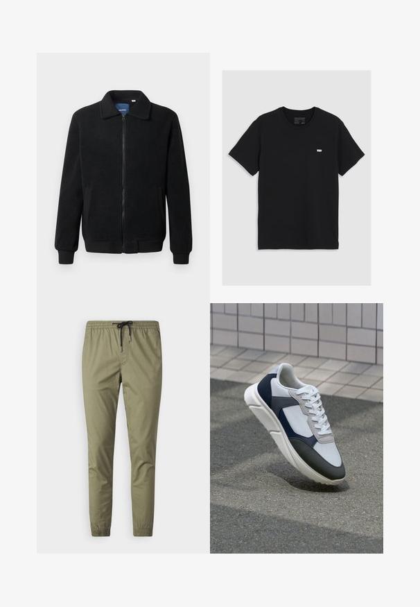 Črna flis jakna z zadrgo, stoječim ovratnikom, rebrastimi zapestji in stranskimi žepi s teksturirano površino.; Črna bombažna majica s kratkimi rokavi, okroglo izrezana, z manjšim belim logotipom Levi's na prsih, gladka tekstura, klasičen kroj.; Svijetlo maslinasto zelene joggers hlače napravljene od mekog materijala, s elastičnom trakicom u struku i elastičnim manžetama na nogavicama.; Bela, mornarsko modra in siva športna obutev z mešano materialno zasnovo, ki vključuje teksturirano zgornji del, ravne vezalke in oblazinjen podplat.
