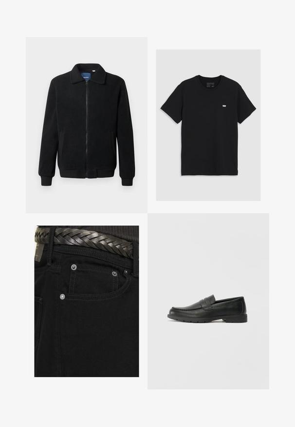 Veste en polaire noire avec fermeture éclair, col montant, poignets côtelés et poches latérales avec une surface texturée.; T-shirt en coton noir à manches courtes, col rond, présentant un petit logo blanc Levi's sur la poitrine, texture lisse, coupe classique.; Jack & Jones JJIALEX JJORIGINAL - Jean baggy - black; Mocassins en cuir noir avec une finition lisse, tige de style moccasin, détails cousus et semelle en caoutchouc. Design classique avec un talon bas.