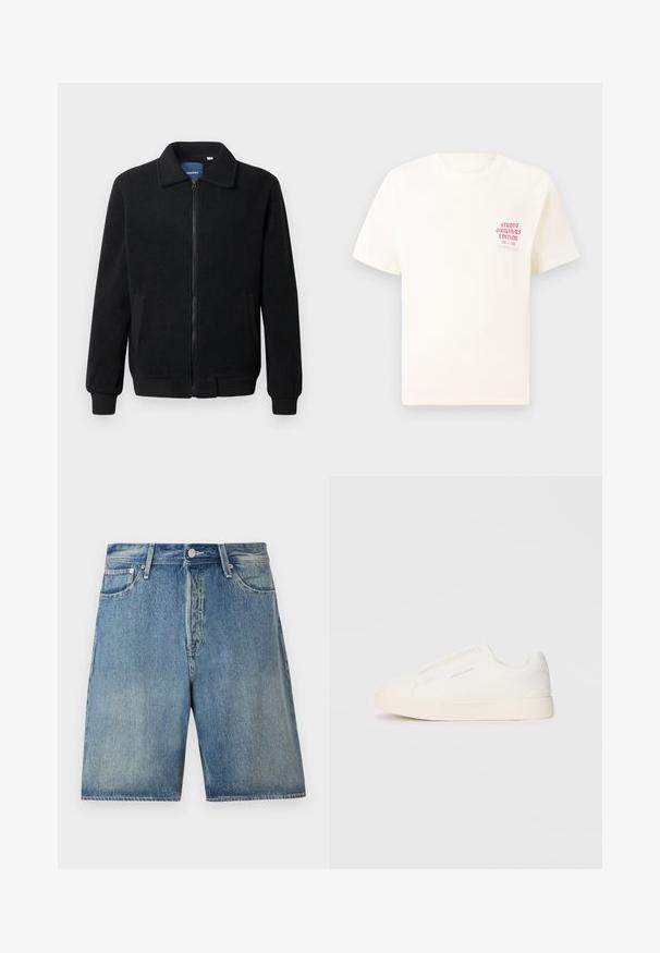 Black fleece jacket featuring a zip closure, stand collar, ribbed cuffs, and side pockets with a textured surface.; White short-sleeve T-shirt with red text "Studio Originals Edition" on left chest, displayed on a neutral gray background.; Denim shorts in light blue, featuring a classic five-pocket design, button closure, straight cut, and a slightly faded finish.; White slip-on sneakers with a textured surface, a thick sole, and minimalistic design. Features brand logo on the side.