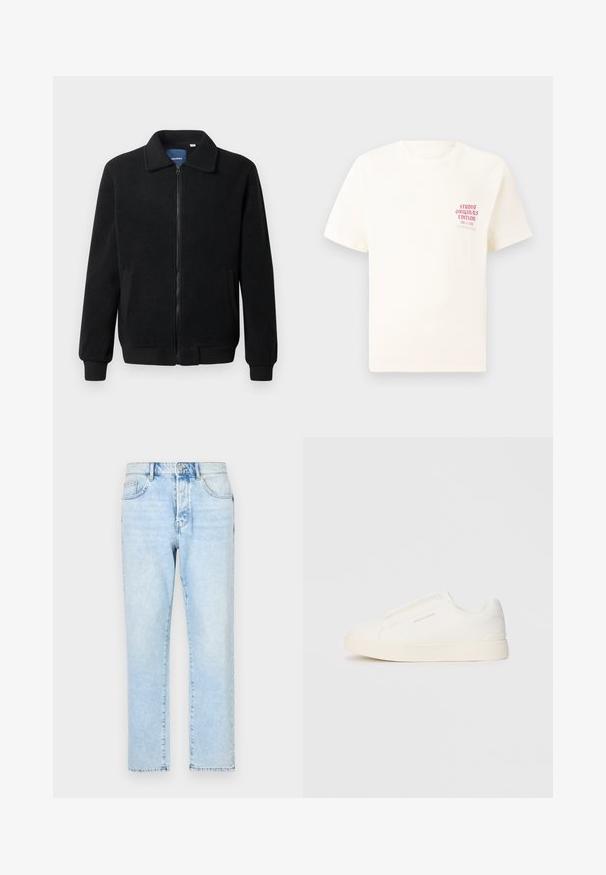 Casaco de polar preto com fecho de correr, gola alta, punhos canelados e bolsos laterais com uma superfície texturizada.; T-shirt branca de mangas curtas com o texto vermelho "Edição Originais do Estúdio" no lado esquerdo do peito, apresentada sobre um fundo cinza neutro.; Jeans de ganga azul claro com um design de perna reta, textura desbotada e estilo tradicional de cinco bolsos. Fecho frontal com zíper e botão.; Sapatilhas brancas de atacar com uma superfície texturizada, sola grossa e design minimalista. Possui o logo da marca na lateral.