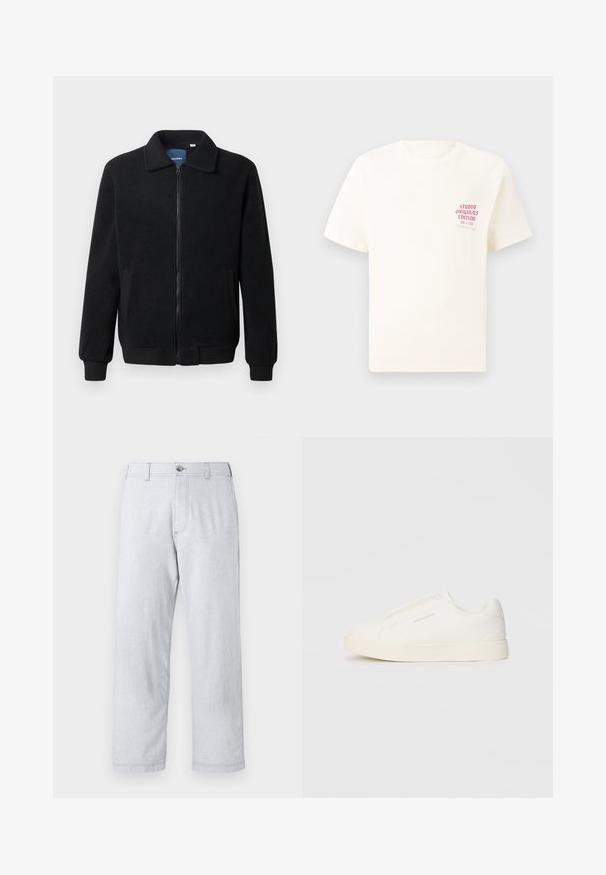 Melnā vilnas jaka ar rāvējslēdzēju, stāvošu apkakli, ribotām piedurknēm un sānu kabatām ar teksturētu virsmu.; Balts īsām piedurknēm T-krekls ar sarkanu tekstu "Studio Originals Edition" uz kreisā krūšu, pakārtots neitrālā pelēkā fonā.; Gaišpelēkas, taisnas kājas bikses, kas izgatavotas no teksturēta auduma. Ir priekšējais pogu aizdare un jostas cilpas. Nav redzamu rakstu vai akcentu.; Baltas slip-on sporta apavi ar teksturētu virsmu, biezu zoli un minimālistisku dizainu. Sānos redzams zīmola logotips.
