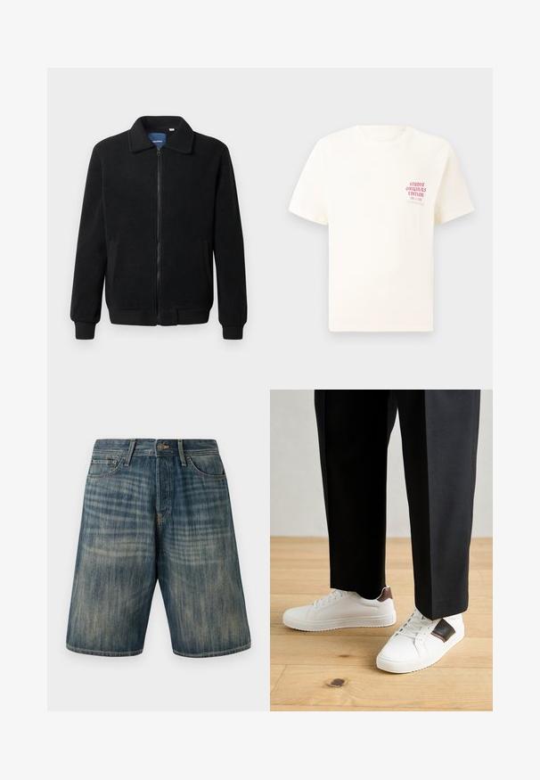 Black fleece jacket featuring a zip closure, stand collar, ribbed cuffs, and side pockets with a textured surface.; White short-sleeve T-shirt with red text "Studio Originals Edition" on left chest, displayed on a neutral gray background.; Denim shorts in light blue with a faded wash, featuring five pockets, belt loops, and a button closure at the waist.; White sneakers with smooth texture, featuring brown leather accents and black detailing, paired with black tailored pants. Wooden floor background.